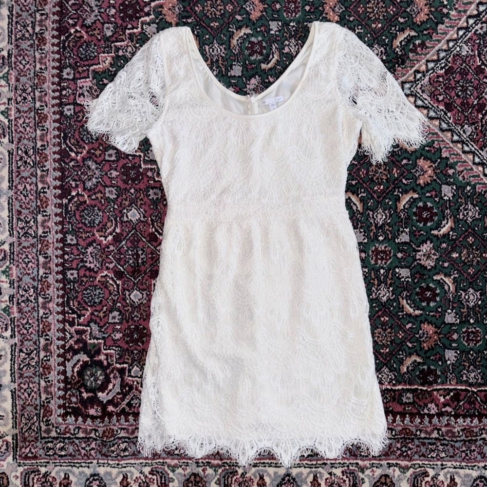 Gap Lace Mini Dress Women Size 4 White Excellent Short Sleeve Scoop Neck Zip